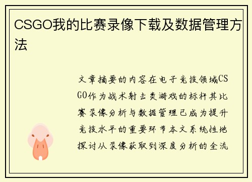 CSGO我的比赛录像下载及数据管理方法