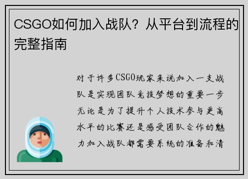 CSGO如何加入战队？从平台到流程的完整指南