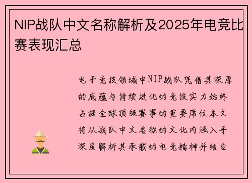 NIP战队中文名称解析及2025年电竞比赛表现汇总
