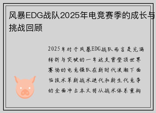风暴EDG战队2025年电竞赛季的成长与挑战回顾